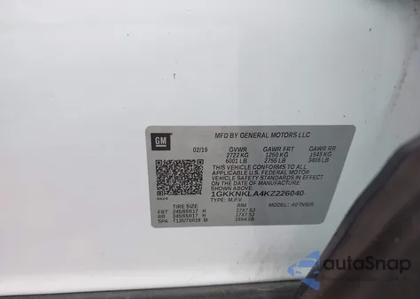 2019 GMC Acadia Sle-1 из США, поврежденный, VIN 1GKKNKLA4KZ226040